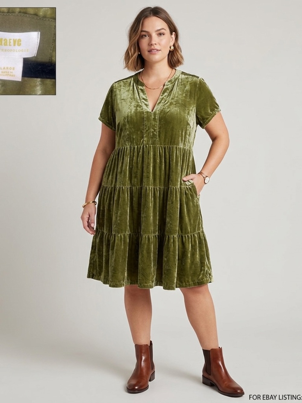 Anthropologie Olive Green Velvet Tiered Midi Dress